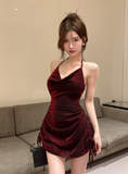 Elegant Halter Neck Burgundy Velvet Ruched Mini Dress