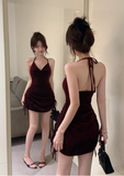 Elegant Halter Neck Burgundy Velvet Ruched Mini Dress
