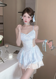 Lovely Spaghetti Strap Light Blue Lace Ruffled Babydoll Dress