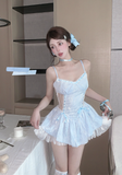 Lovely Spaghetti Strap Light Blue Lace Ruffled Babydoll Dress