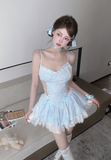 Lovely Spaghetti Strap Light Blue Lace Ruffled Babydoll Dress