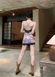 Alluring Sleeveless Midi Dress with Black Lace and Bow Detail