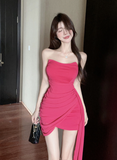 Stylish Strapless Hot Pink Ruched Asymmetrical Mini Dress