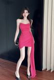 Stylish Strapless Hot Pink Ruched Asymmetrical Mini Dress