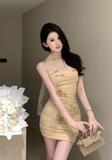 Chic Halter Neck Beige Ruched Dress with Mesh Detail