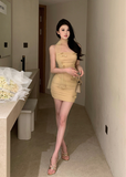 Chic Halter Neck Beige Ruched Dress with Mesh Detail