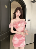 Sweet Off - the - Shoulder Pink Velvet Ruffled Mini Dress