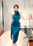 Elegant Halter Neck Teal Satin Asymmetric Midi Dress