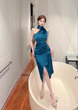 Elegant Halter Neck Teal Satin Asymmetric Midi Dress