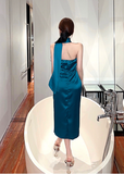 Elegant Halter Neck Teal Satin Asymmetric Midi Dress