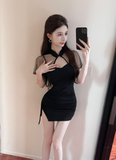 Elegant Chinese - Collar Black Dress with Side Drawstring