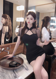 Elegant Chinese - Collar Black Dress with Side Drawstring