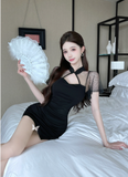 Elegant Chinese - Collar Black Dress with Side Drawstring