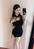 Elegant Chinese - Collar Black Dress with Side Drawstring