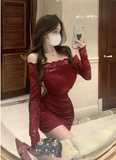 Stylish Sultry Burgundy Lace - Trimmed Bodycon Mini Dress