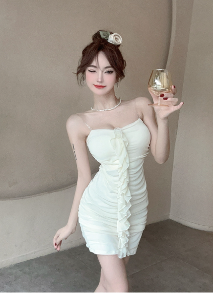 Delicate Spaghetti Strap Cream Ruffled Satin Mini Dress
