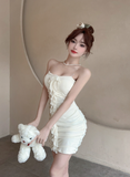 Delicate Spaghetti Strap Cream Ruffled Satin Mini Dress