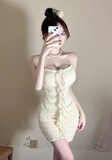 Delicate Spaghetti Strap Cream Ruffled Satin Mini Dress