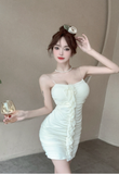 Delicate Spaghetti Strap Cream Ruffled Satin Mini Dress