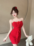 Delicate Spaghetti Strap Cream Ruffled Satin Mini Dress