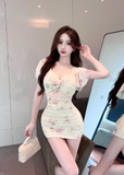 Sweet Short - Sleeve Floral Print Ruched Mini Dress