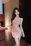 Stylish Spaghetti Strap Shimmery Pink Asymmetric Mini Dress