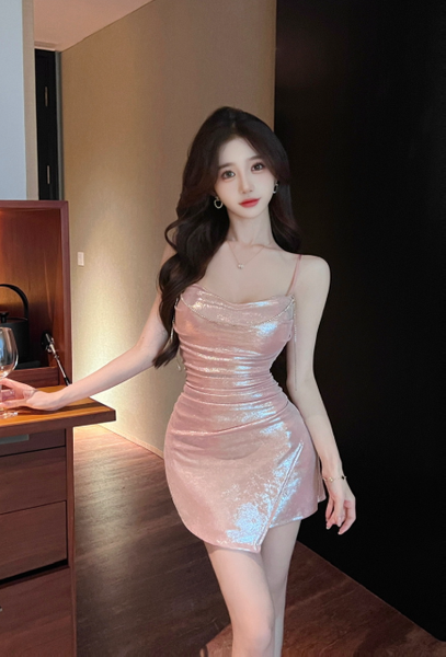 Stylish Spaghetti Strap Shimmery Pink Asymmetric Mini Dress