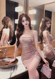 Stylish Spaghetti Strap Shimmery Pink Asymmetric Mini Dress