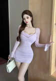 Charming Long - Sleeve Lavender Ruched Mesh Bodycon Dress