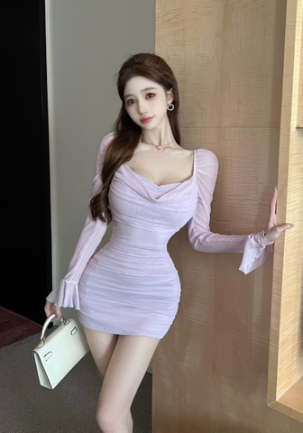 Charming Long - Sleeve Lavender Ruched Mesh Bodycon Dress