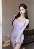 Charming Long - Sleeve Lavender Ruched Mesh Bodycon Dress
