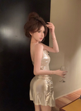Glamorous Spaghetti Strap Metallic Gold Ruched Mini Dress