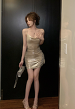 Glamorous Spaghetti Strap Metallic Gold Ruched Mini Dress