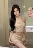Stylish Crochet Cross - Strap Crop Top with Floral Mini Skirt