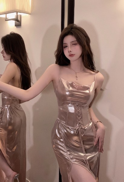Glamorous Sleeveless Metallic Gold Lace - Up Slit Maxi Dress