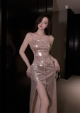 Glamorous Sleeveless Metallic Gold Lace - Up Slit Maxi Dress