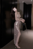 Glamorous Sleeveless Metallic Gold Lace - Up Slit Maxi Dress
