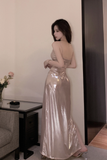 Glamorous Sleeveless Metallic Gold Lace - Up Slit Maxi Dress