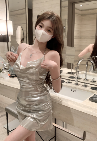 Stylish Spaghetti Strap Metallic Silver Cowl Neck Mini Dress