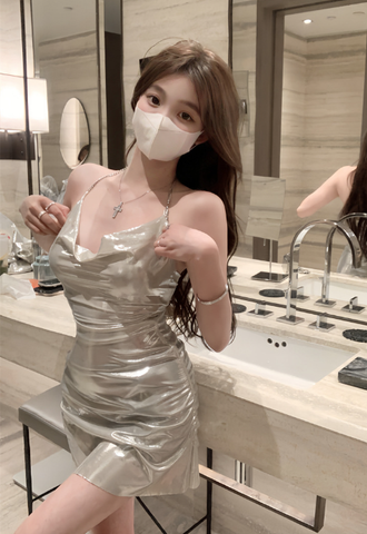 Stylish Spaghetti Strap Metallic Silver Cowl Neck Mini Dress