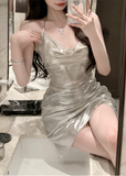 Stylish Spaghetti Strap Metallic Silver Cowl Neck Mini Dress