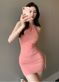 Stylish Halter Neck Blush Pink Ruched Bodycon Mini Dress