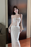 Charming Strapless White Sheer Bow - Detail Midi Skirt Set