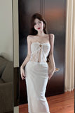 Charming Strapless White Sheer Bow - Detail Midi Skirt Set