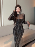Stylish Long - Sleeve Sheer Black Dress with Pearl Chain Pattern
