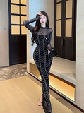 Stylish Long - Sleeve Sheer Black Dress with Pearl Chain Pattern