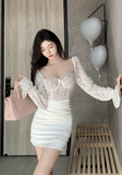 Elegant Square - Neck White Lace Long - Sleeve Mini Dress