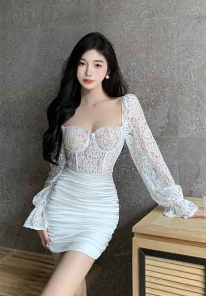 Elegant Square - Neck White Lace Long - Sleeve Mini Dress