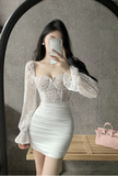 Elegant Square - Neck White Lace Long - Sleeve Mini Dress