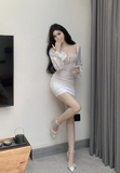 Elegant Square - Neck White Lace Long - Sleeve Mini Dress